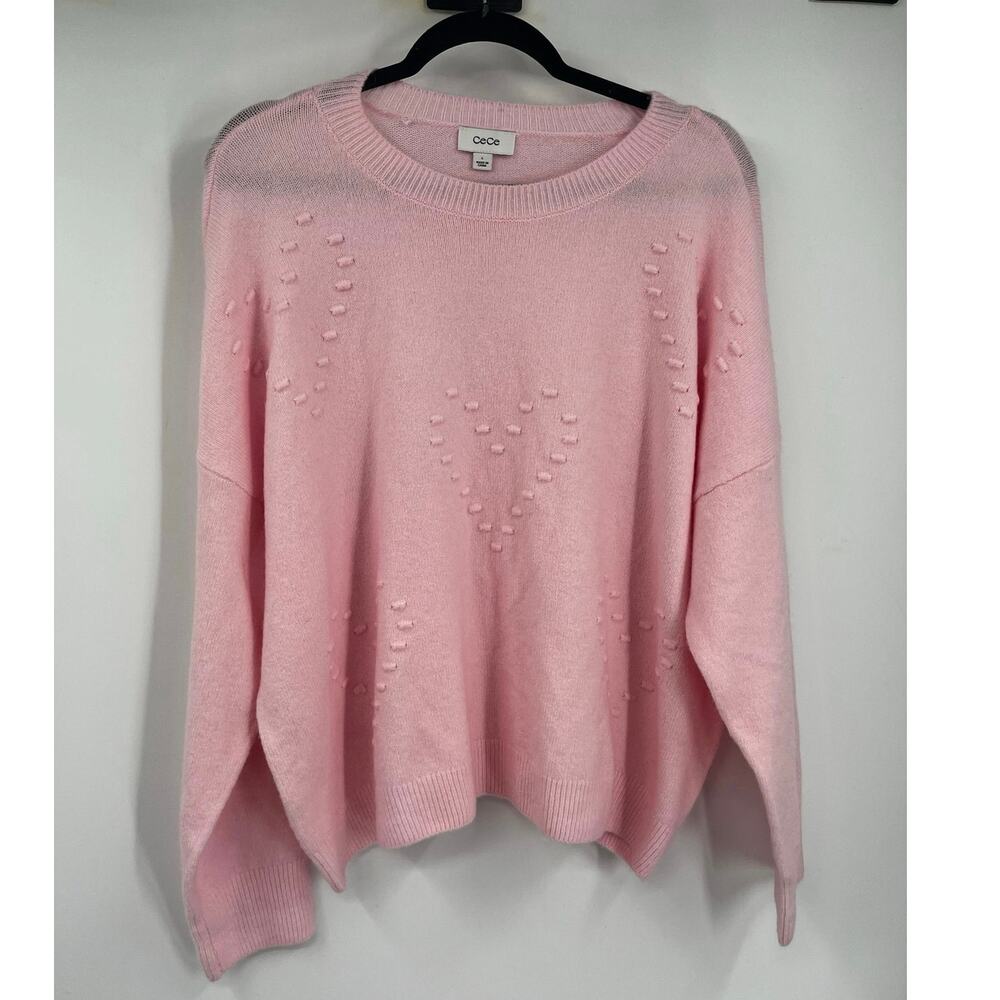 Cece Heart Textured Baby Pink Plush Sweater Crew Neck Women’s Large